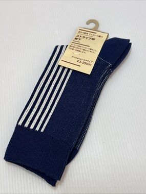 Muji x Lawson Navy Crew Socks with White Stripes